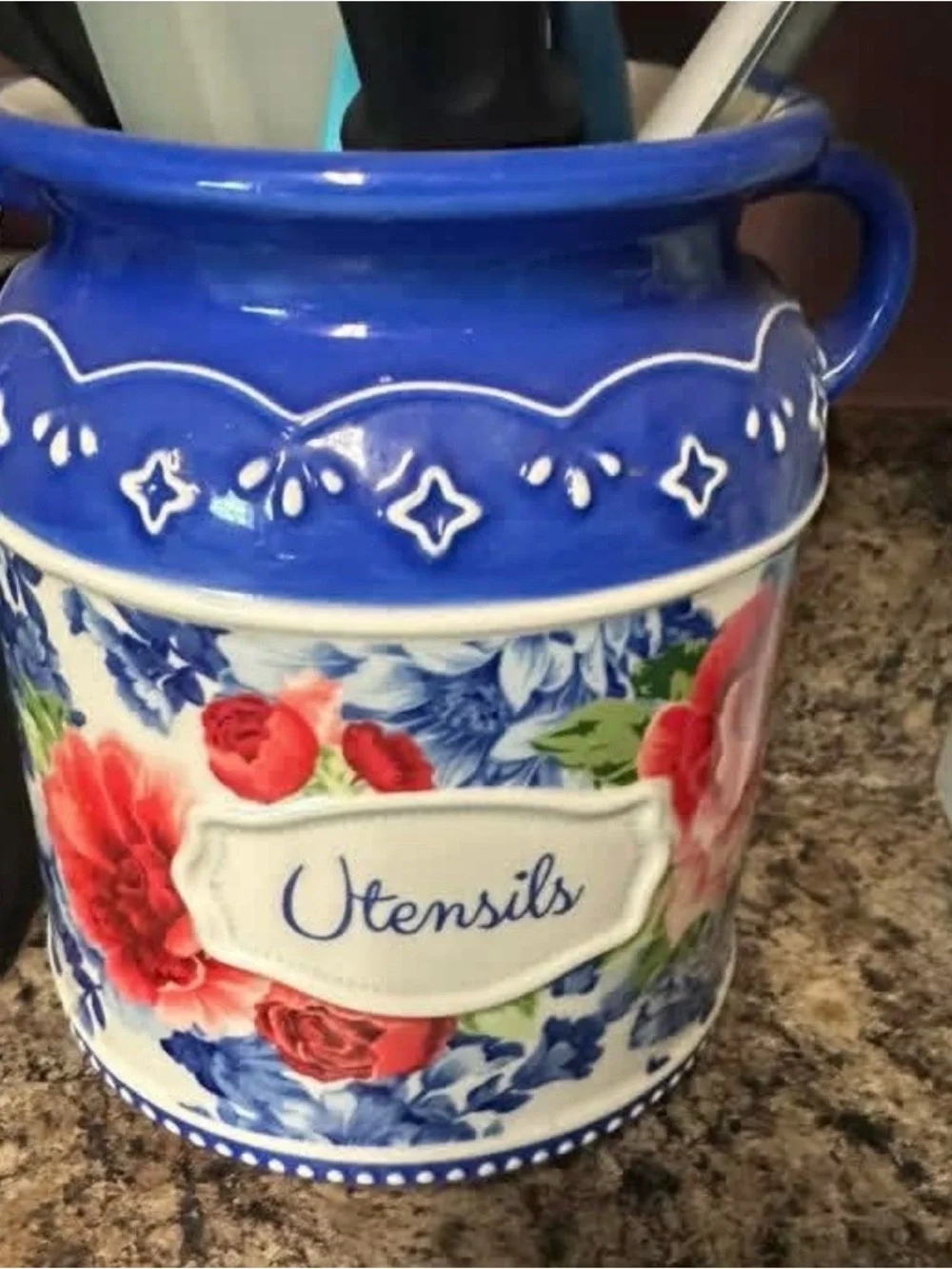 Blue Floral Ceramic Utensil Holder